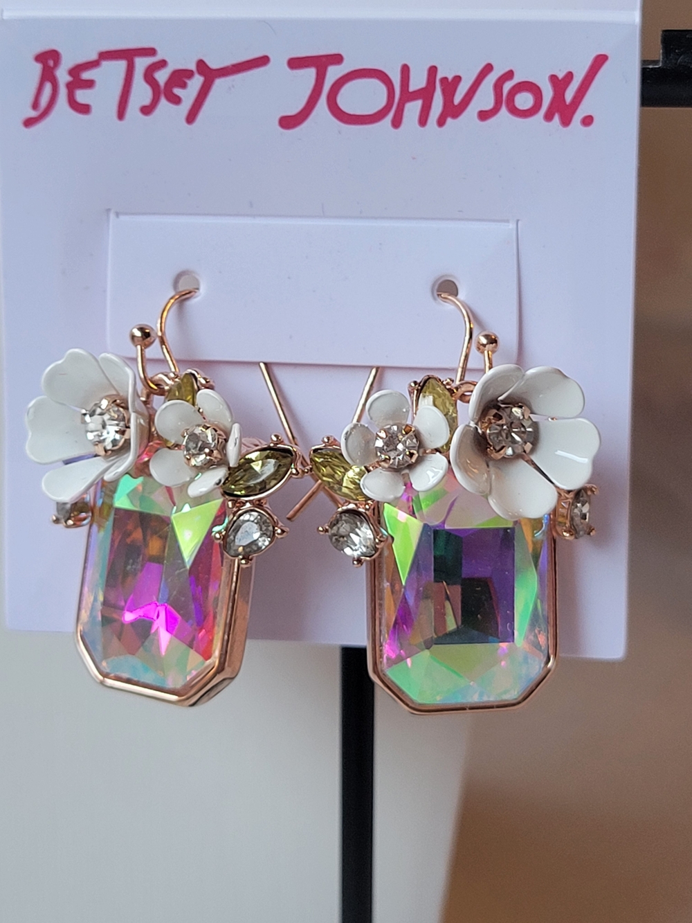 Betsey Johnson Iridescent Pink Green Crystal Floral Drop Earrings - Picture 2 of 2